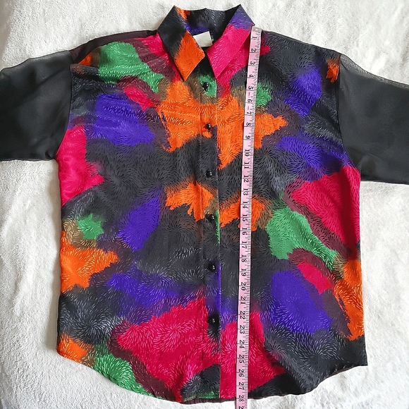 Sheer Sleeve Vibrant Vintage Button Down Blouse - Picture 11 of 15